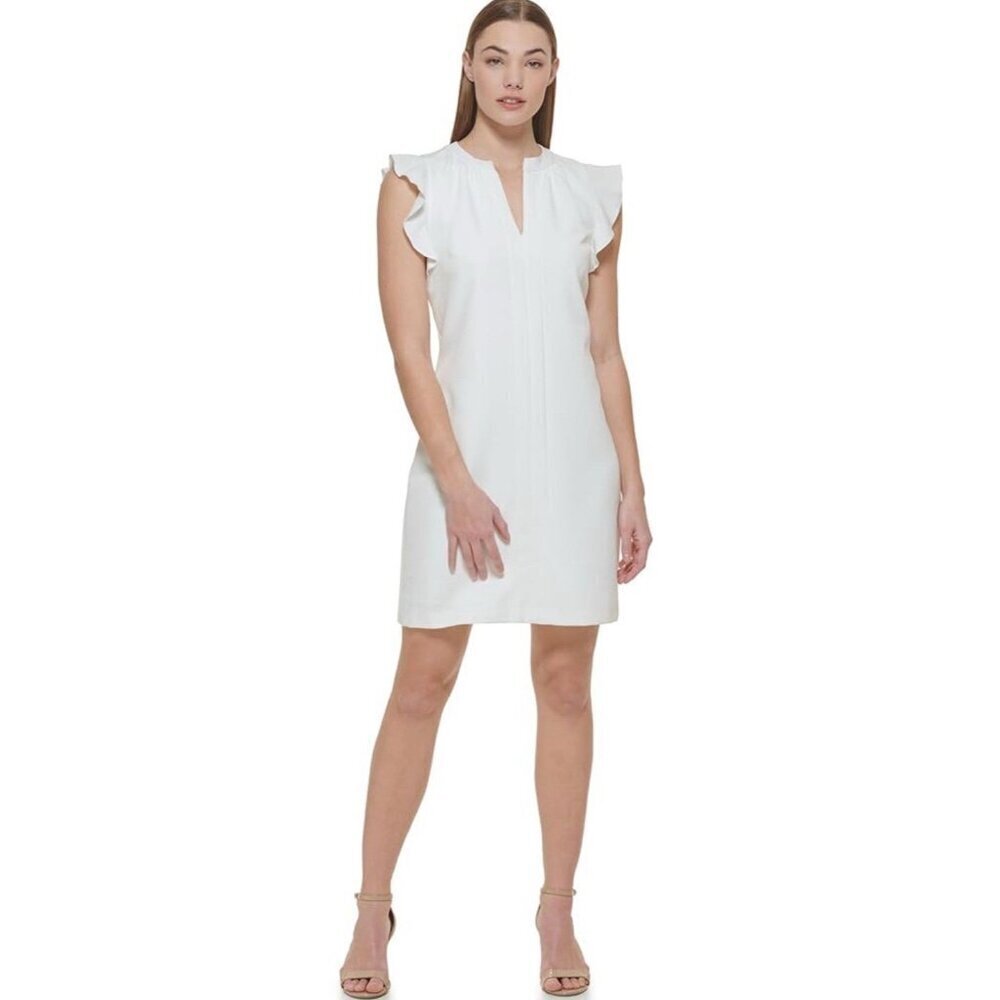 Vince Camuto Women's Sz 4 Sleeveless V Neck Laguna Shift Dress Ivory Ruffle LWD